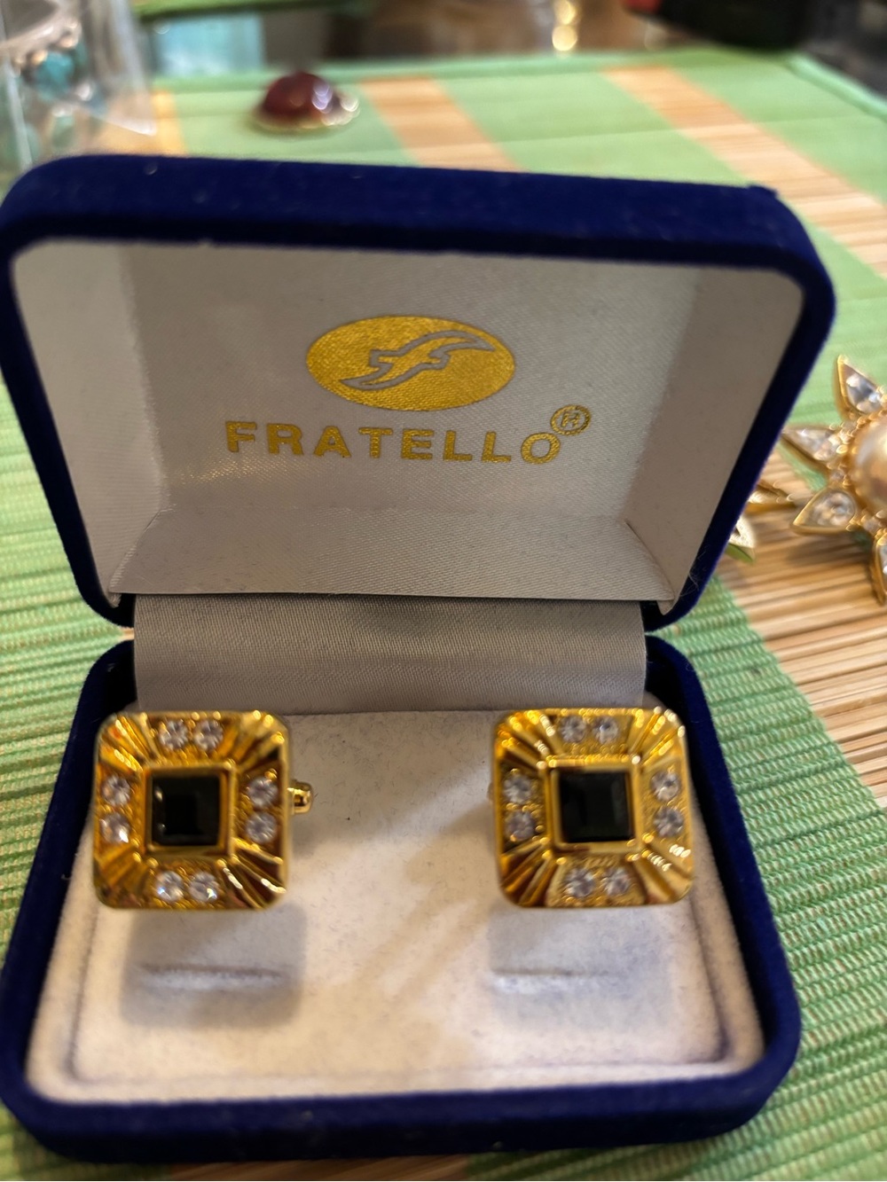 Gold-Tone Vintage Black Square Crystal Stud cuff links